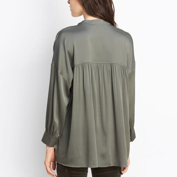 Vince Silk Shirred Drape Pullover Long Sleeve V neck Blouse in Frog - Picture 2 of 10
